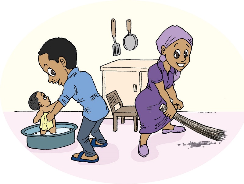 a man and a women doing house chores together